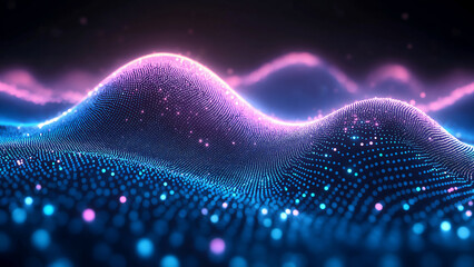 Wall Mural - abstract waves of digital data particles and glowing blue, pink, and purple dots on a dark backgroun
