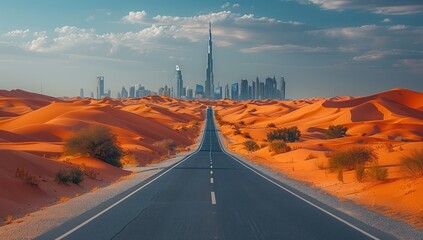 Wall Mural - A road leading to the city of Dubai in desert dunes in the background.