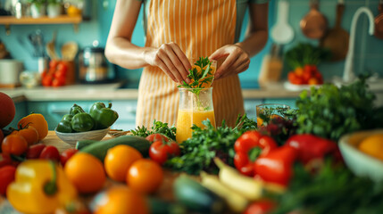 Healthy meal preparation in a home kitchen. Fresh vegetables and natural ingredients are being used to create a nutritious drink. For promoting healthy eating, cooking blogs, and wellness campaigns.