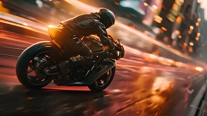 Canvas Print - Action shot with man riding a bike in futuristic cyberpunk city. Dynamic scene with motorcycle ride in action movie blockbuster style