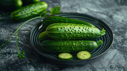 Wall Mural -   Close-up image of a plate of cucumbers on a table with several cucumbers in the background