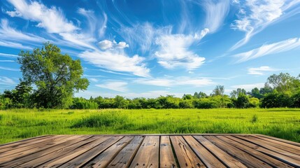 Wall Mural - Scenic view featuring wooden plank on lush green field and blue sky for product backdrop