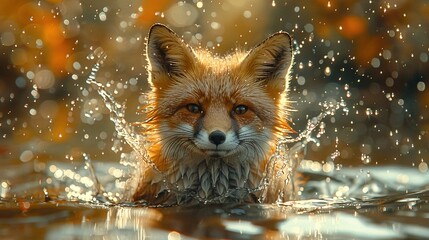 Poster -   Fox swimming in water with droplets on its face