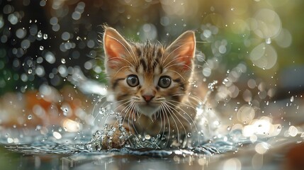 Poster -   A kitten is playing in water, head out of a puddle