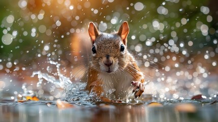 Poster -   A photo captures a nearby animal in water, surrounded by falling droplets and tree background