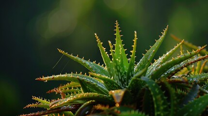 Canvas Print -   A focused image of a green plant, its droplets of water glistening on the leaves, set against a soft blurred background