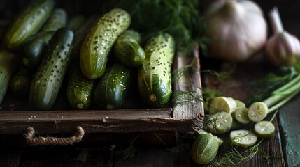 Wall Mural -   A wooden box brimming with cucumbers sits beside a mound of green onions, with some green onions precariously perched atop a wooden table