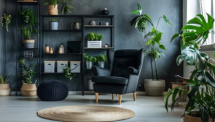 Interior of modern living room with black armchair, bookshelf and plant.