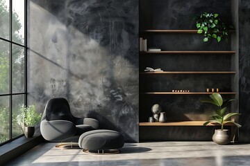 Interior of modern living room with black armchair, bookshelf and plant.