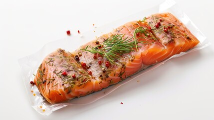 Sticker -   Close-up of fish in plastic wrap on white surface with rosemary sprig