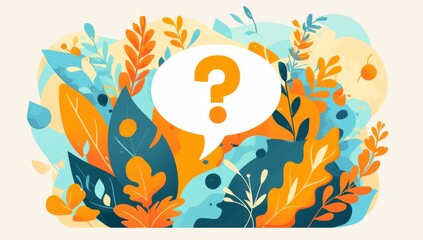 Minimalistic Illustration of Orange Chat Bubble with Question Mark on Light Blue Background, Emphasizing Inquiry and Communication