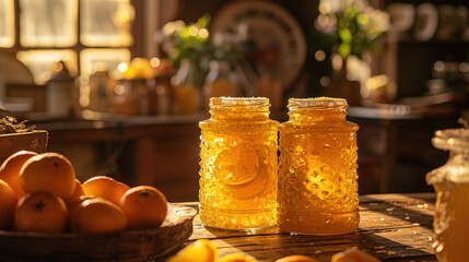 Poster -   Two jars of honey sit on the table with a basket of oranges and lemons