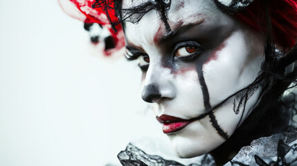 Wall Mural - Woman with scary clown makeup and red hair poses in a black and white costume for a spooky halloween portrait