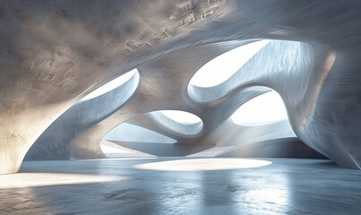 Wall Mural - 3d render of abstract curved indoor structure, futuristic architecture with empty concrete floor