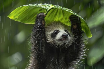 Canvas Print -  A baby sloth dangles upside down from a banana tree during rain, resting its head on a green leaf