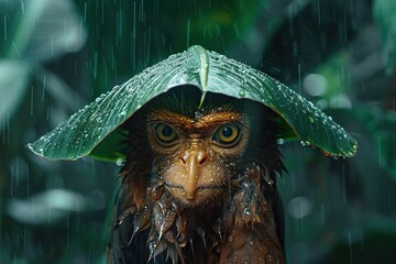 Poster -   A close-up photo of a bird adorned with a green leaf on its head