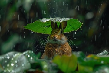 Poster -   Brown rabbit with green leaf & umbrella