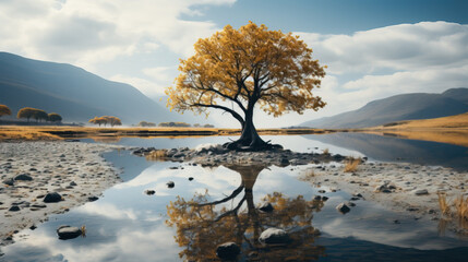 Minimalistic autumn landscape with tree and lake