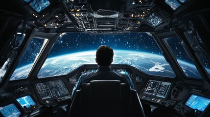 Sticker - Astronaut Gazing at Earth from Spacecraft Cockpit - An astronaut sits in the cockpit of a spacecraft, looking out the window at the Earth, symbolizing exploration, discovery, the vastness of space, th