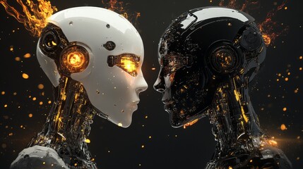 Poster - Black and White Robots Facing Each Other with Sparks - Two robots, one black and one white, face each other with sparks flying around them, symbolizing the duality of technology, the battle between go