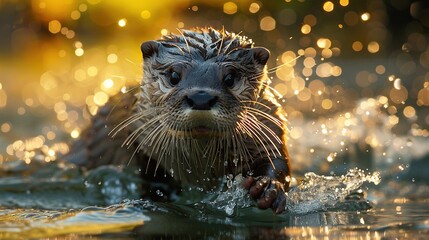 Poster -   Close-up of a wet otter in water with its head above the surface