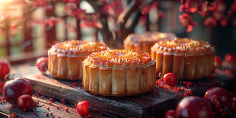 Wall Mural - Traditional mooncakes for National Mooncake Festival, October 4th, ornate designs, festive table, cultural celebration