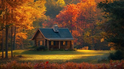 Sticker - Cozy Cabin Nestled in Vibrant Autumn Foliage - A charming wooden cabin sits peacefully amidst a breathtaking autumn forest, surrounded by vibrant fall colors. The scene embodies peace, tranquility, an