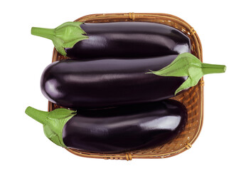 Wall Mural - eggplant in a wicker basket isolated on white background with full depth of field. Top view. Flat lay