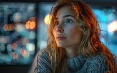 An adult Scandinavian person is focused on designing digital art, surrounded by vibrant background lights and creative elements