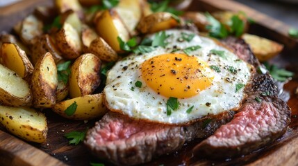 Wall Mural - Delicious Steak with Fried Egg and Potato Wedges - A juicy steak topped with a perfectly fried egg and crispy potato wedges, a classic and satisfying meal.