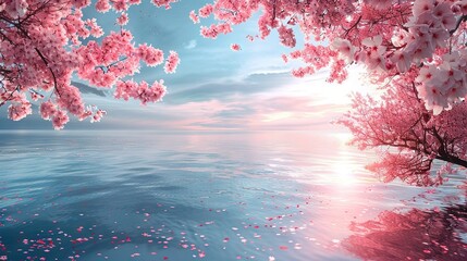 Poster -   A vast expanse of water adorned with a myriad of pink blossoms, framed by a backdrop of cloud-laden skies