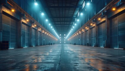 Wall Mural - A wide, empty dark blue warehouse with white lights and steel doors on the sides.