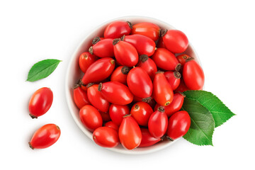 Wall Mural - Rose hip in ceramic bowl isolated on a white background with full depth of field. Top view. Flat lay.