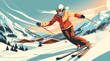 Skier in Motion - Retro Illustration of a Woman Skiing Down a Mountain, digital illustration, abstract lines, winter sports, skiing, winter wonderland, mountains