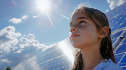 Sunlight Illuminates Girl's Face Near Solar Panels, Solar Energy, Renewable Energy, Sustainability, Green Technology