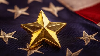 Wall Mural - Golden Star on American Flag - Patriotism and Honor - A golden star, symbolizing achievement, honor, and patriotism, rests on an American flag, signifying national pride and unity. The star's prominen