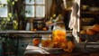 © Olga - A jar containing liquid sits atop a table beside oranges and a basket of them