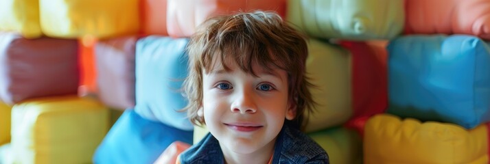 Active children s games in play center playroom playground Young boy playing amidst soft building blocks