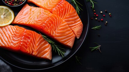 Wall Mural -   Two salmon fillets on a black platter, garnished with lemon and pepper, served alongside a bowl of seasoning