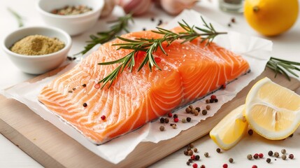 Wall Mural -  Salmon on cutting board with lemons, spices, and seasoning