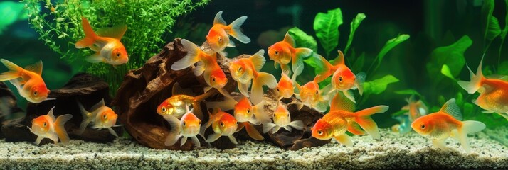 Wall Mural - Vibrant Goldfish in a Freshwater Aquarium with Lush Green Plants and Gravel