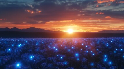 Wall Mural - Magical Sunset Over a Field of Glowing Flowers - A serene landscape with a vibrant sunset illuminating a field of glowing flowers, symbolizing beauty, magic, wonder, hope, and renewal.