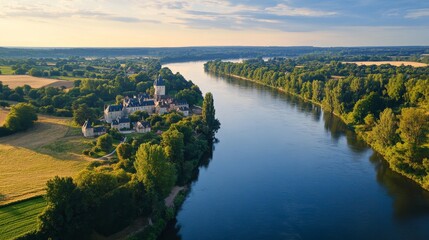 Poster - Majestic Castle on the Riverbank in France - A stunning aerial view of a majestic castle perched on the banks of a winding river, surrounded by lush greenery and blue skies, symbolizing history, peace