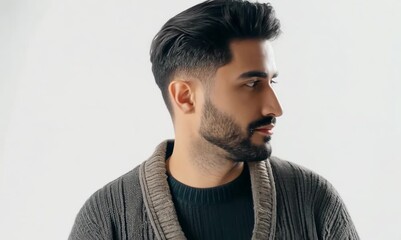 Wall Mural - Portrait of a Saudi Arabian man in his 30s in a white background wearing a chic cardigan