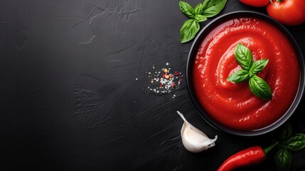   Bowl of marinara sauce with basil, pepper, and garlic on black table top, viewed from above