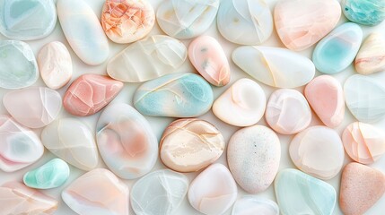 Sticker -   A macro shot of assorted multi-colored stones resting on a pure background, featuring hues of pink, blue, and green