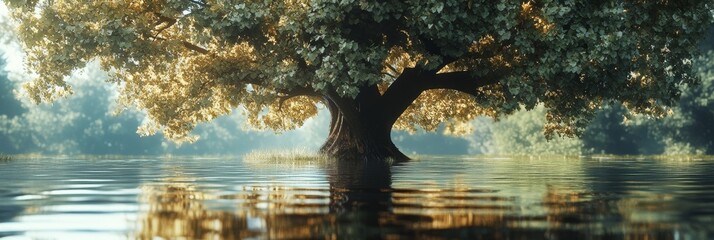 Canvas Print - Majestic Tree Reflecting in Calm Water - A solitary, ancient tree stands tall in a serene lake, its branches reaching towards the sky. The water is calm and clear, reflecting the tree's majestic form.