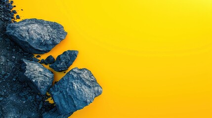 Wall Mural -   A group of rocks atop a yellow floor beside a mound of dirt on a table