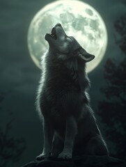 Wall Mural - Majestic Wolf Howling at the Full Moon - A lone wolf sits on a rock, howling at the full moon.  The wolf is silhouetted against the moon, with its fur glowing in the moonlight. The image evokes a sens