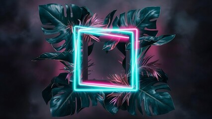Wall Mural - neon square frame banana palm leaf texture in garden, abstract green foliage. large scale natural ju